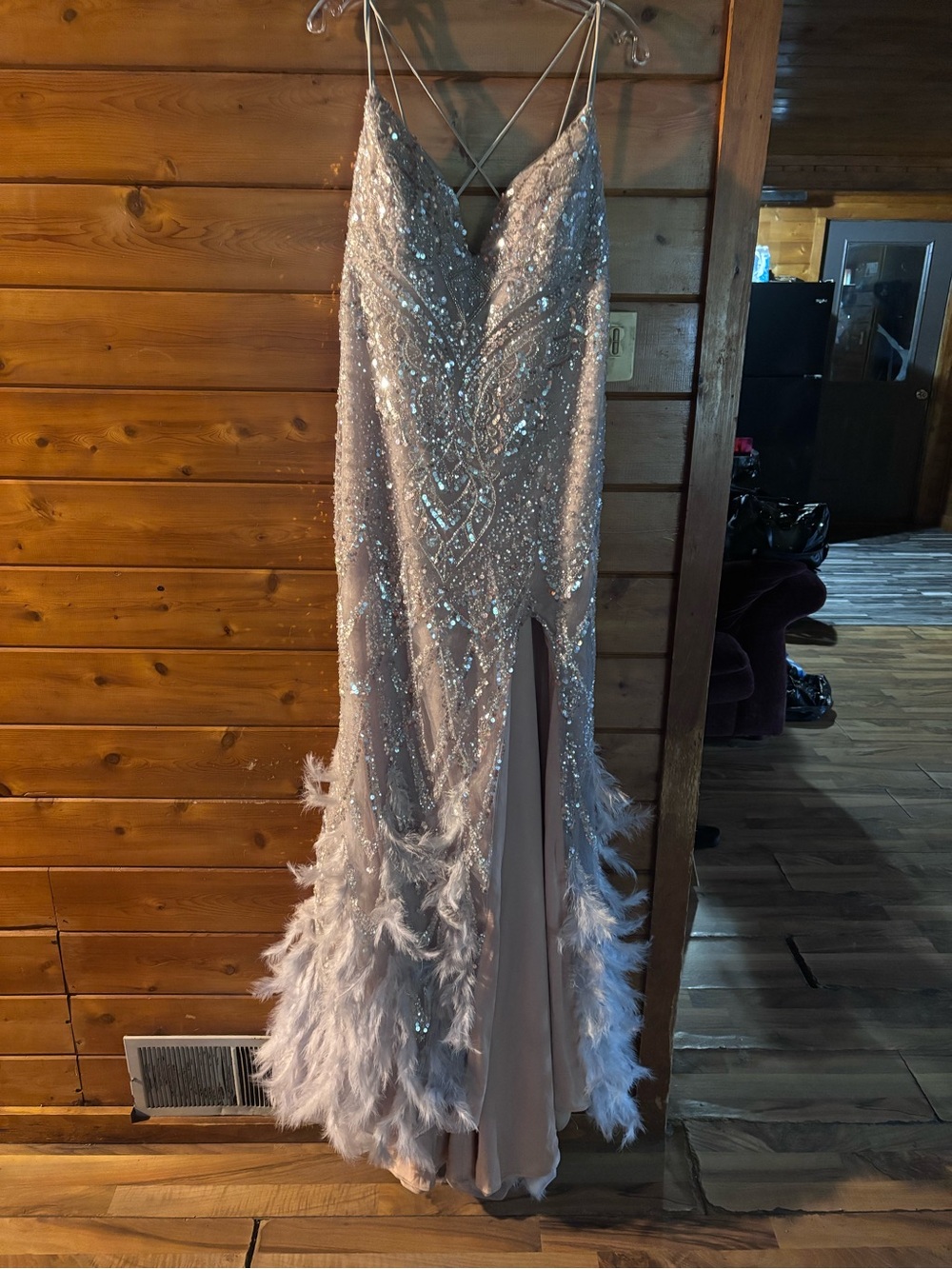 ANDREA FENZI Blush Sequin Feather Trim V-Neck Prom Gown